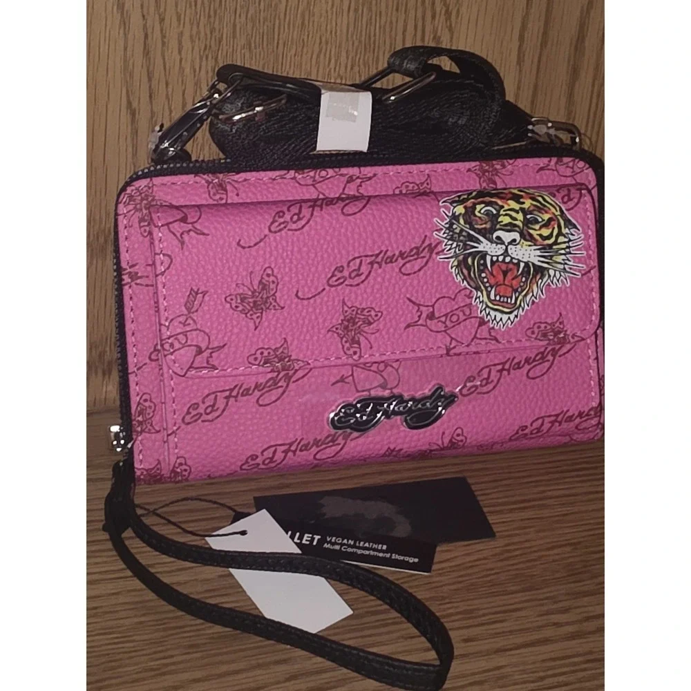 Ed Hardy Wallet crossbody‎ wristlet Pink Tiger Logo NWT Multi Compartment